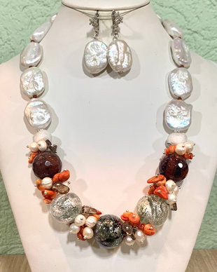 SET ~WHITE ELEGANCE~ perle baroc,perle cultura,agate fatetate,murano,coral,cuarț fumuriu,accesorii argintate