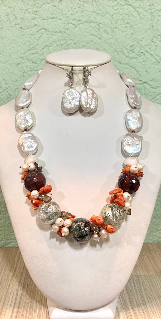 SET ~WHITE ELEGANCE~ perle baroc,perle cultura,agate fatetate,murano,coral,cuarț fumuriu,accesorii argintate