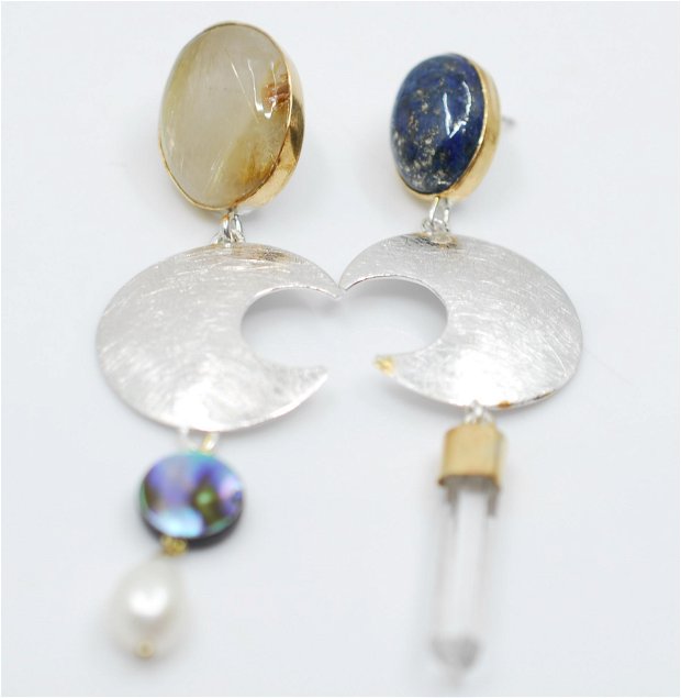 Moon Calling Cercei asimetrici, statement, din argint 925,lapis, perle si abalone