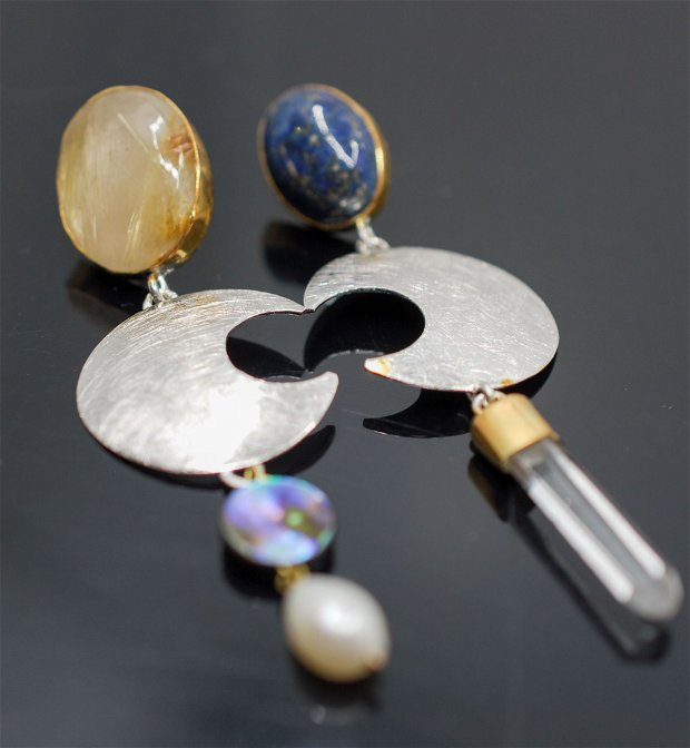 Moon Calling Cercei asimetrici, statement, din argint 925,lapis, perle si abalone