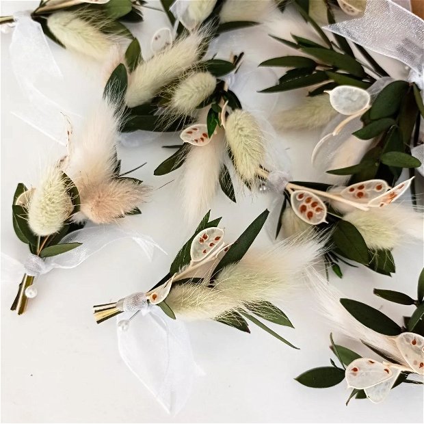 Cocarde nuntă-flori naturale uscate, Alb Verde