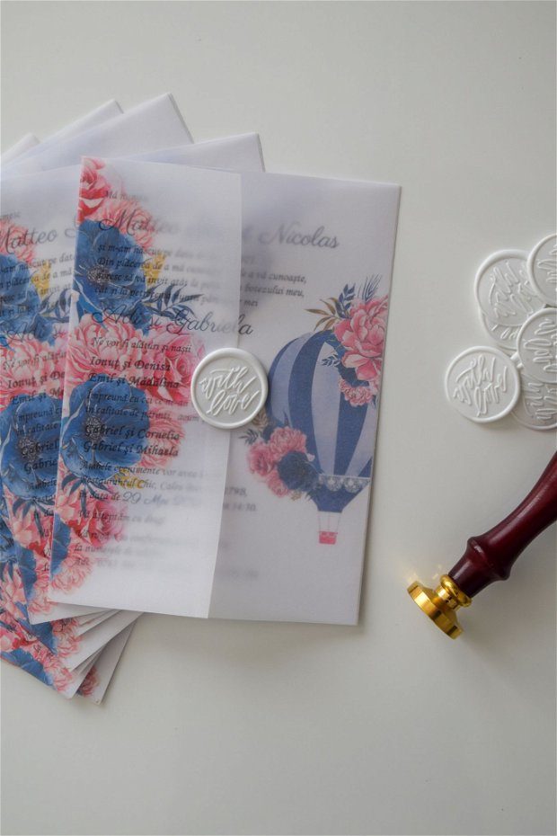 Invitație nuntă & botez învelită cu hârtie de calc și sigiliu din ceară - Hot air baloon