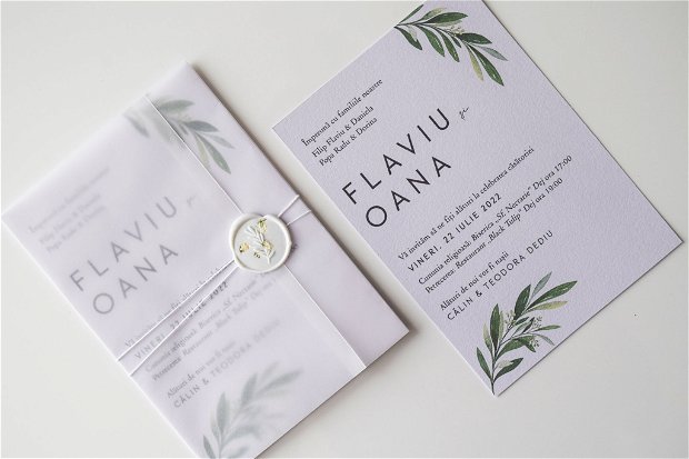 Invitație nuntă învelită în hârtie calc simplă, șnur și sigiliu din ceară cu inserții de flori - Olive