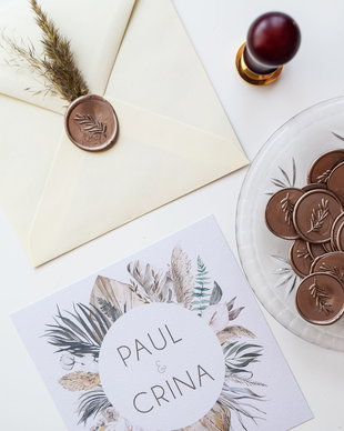 Invitație nuntă cu plic, sigiliu din ceară și plante uscate -Fall in love