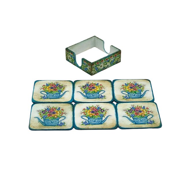 Set decorat si pictat manual, din mdf, casuta ceai si suporti pahare/cani - 2857