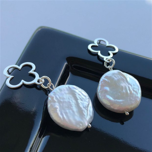 Cercei din argint 925 cu trifoi si perle baroc