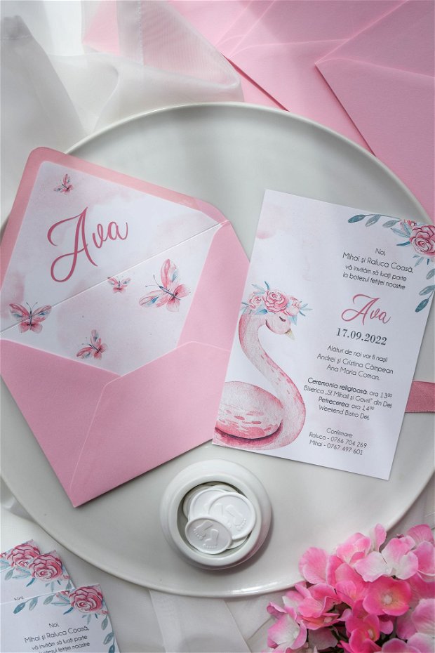 Invitație cu plic - Pink Swan