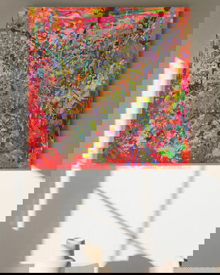 Tabloul abstract Lets play de 50x50 cm, este foarte vesel, in culori aprinse, realizat in culori acrilice și foița de aur
