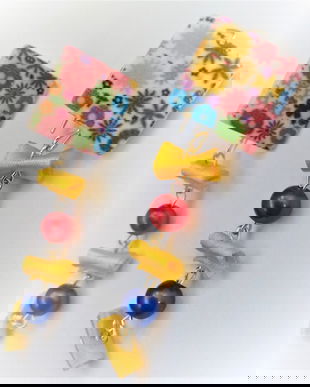 Cercei handmade din margele de sidef,perle din sticla,panglica matase si sarma cupru placata cu argint - color explosion
