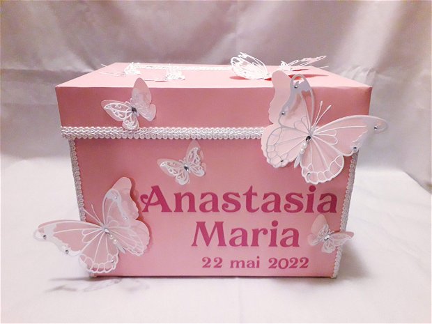 Cutie pentru dar botez fetiță Fluturi roz