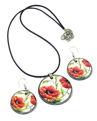 Set colier si cercei din lemn, model floral cu maci - 2861