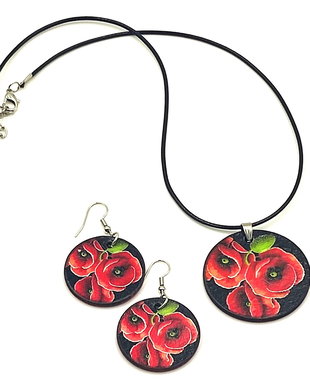Set colier si cercei din lemn, model floral cu maci pe fond negru - 2862