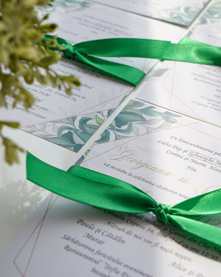 Invitație nuntă cu panglică - Green&Gold