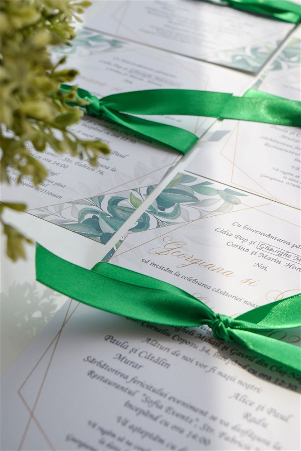 Invitație nuntă cu panglică - Green&Gold