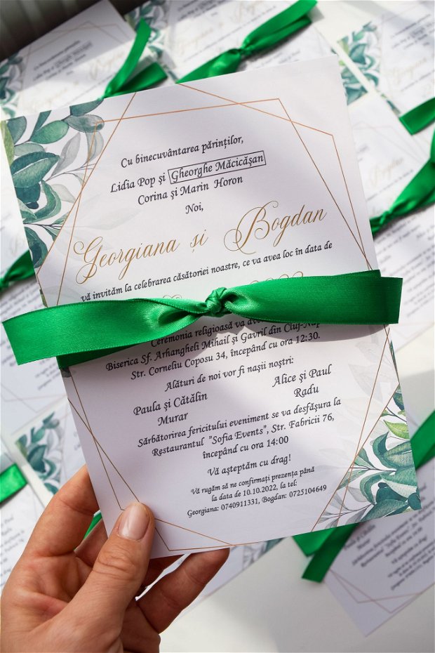 Invitație nuntă cu panglică - Green&Gold