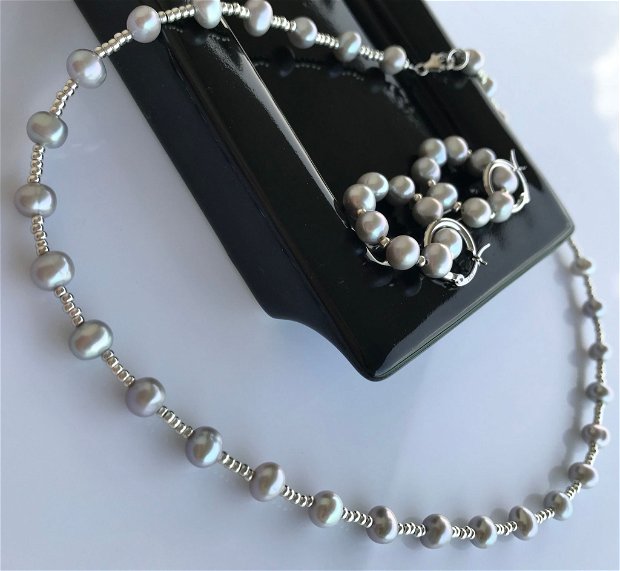 Cercei din argint 925 cu perle de cultura gri și Myiuki