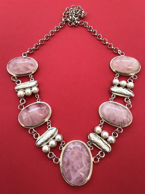 Colier cuart roz, perle Biwa & perle de cultura