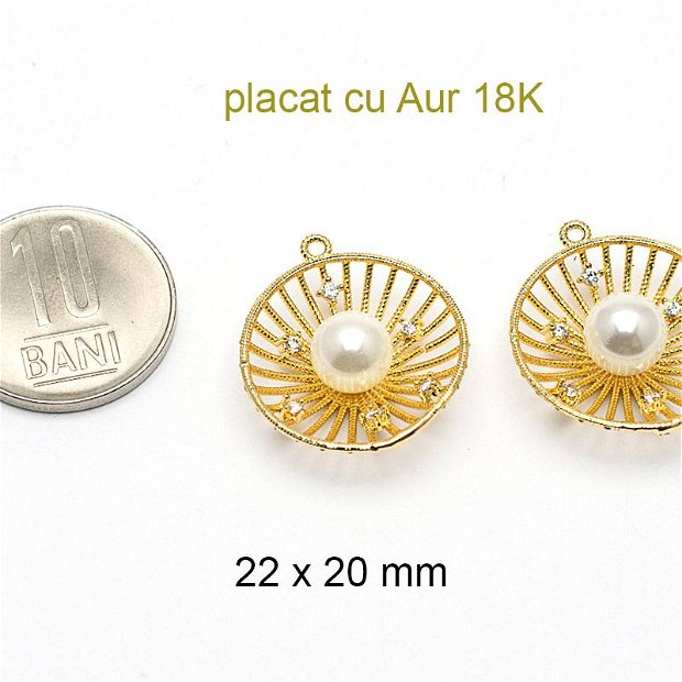Pandantiv filigranat, placat cu aur 18k, SHELL PEARL-perla sidef natural si cristale Cubic Zirconia,  22 x 20 mm, PAU-12