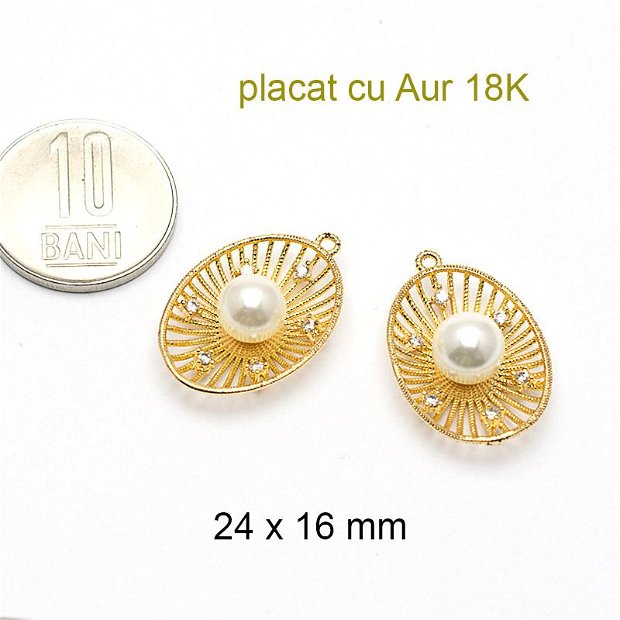 Pandantiv filigranat, placat cu aur 18k, SHELL PEARL-perla sidef natural si cristale Cubic Zirconia,  24 x 16 mm, PAU-15
