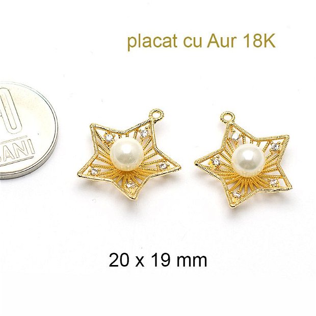 Pandantiv filigranat, placat cu aur 18 k,  SHELL PEARL-perla sidef natural si cristale Cubic Zirconia, 20 x 19 mm, PAU-17