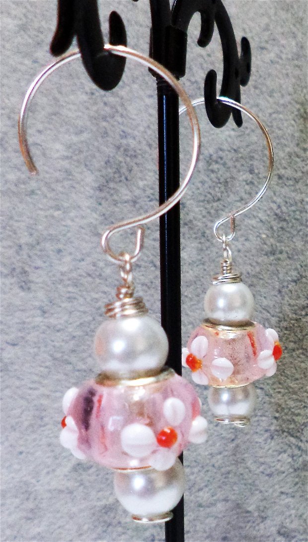 Cercei handmade din sarma ,margele tip pandora si perle din sticla 2