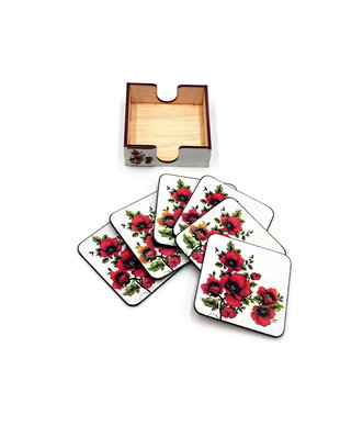 Set sase suporti pahare din mdf de 9 x 9 cm, design alb cu maci rosii si cutie depozitare de 10 cm - 2957