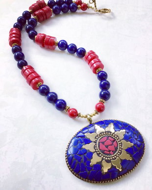 Colier Nepalez coral rosu & lapis lazuli