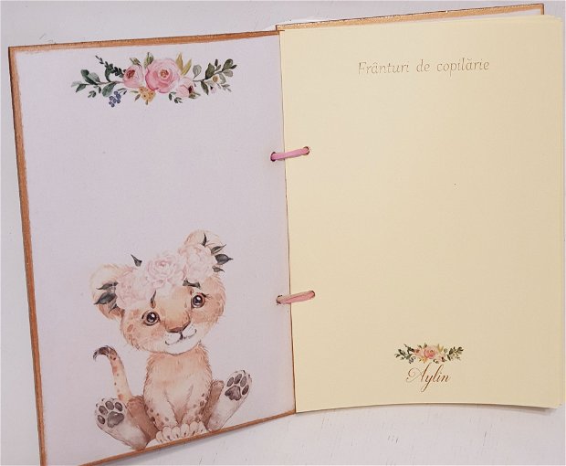 Carte oaspeti botez / jurnal / Guestbook cu coperti din lemn, format A5, tema Leu