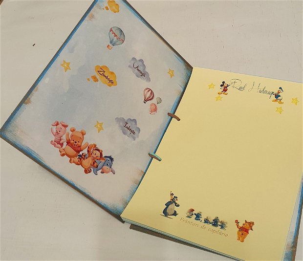 Carte oaspeti / guestbook / album personalizat cu coperti din lemn, format A5 sau A4, personaje Disney