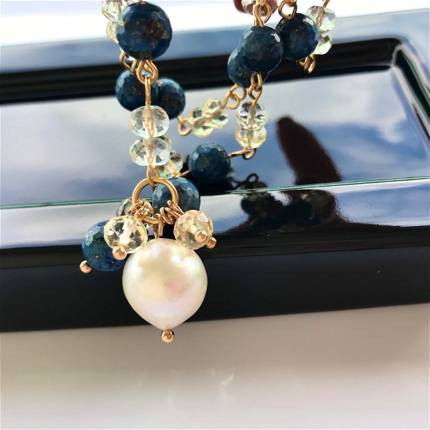 Colier cu lapis lazuli, cuart și perla baroc