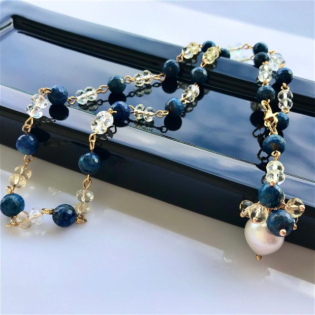 Colier cu lapis lazuli, cuart și perla baroc