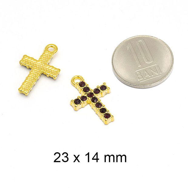 Pandantiv /charm aliaj, cruciulita, decor cristale fatetate, 23 x 14 mm, DS-229