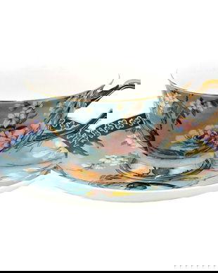 Set doua cesti din portelan  bleu cu farfurioara cu motive cu pasarele