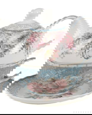 Set ceainic cu ceasca din portelan si farfurioara cu trandafiri