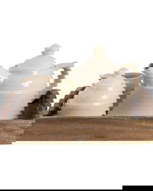 Set ceainic din portelan bej cu suport din lemn