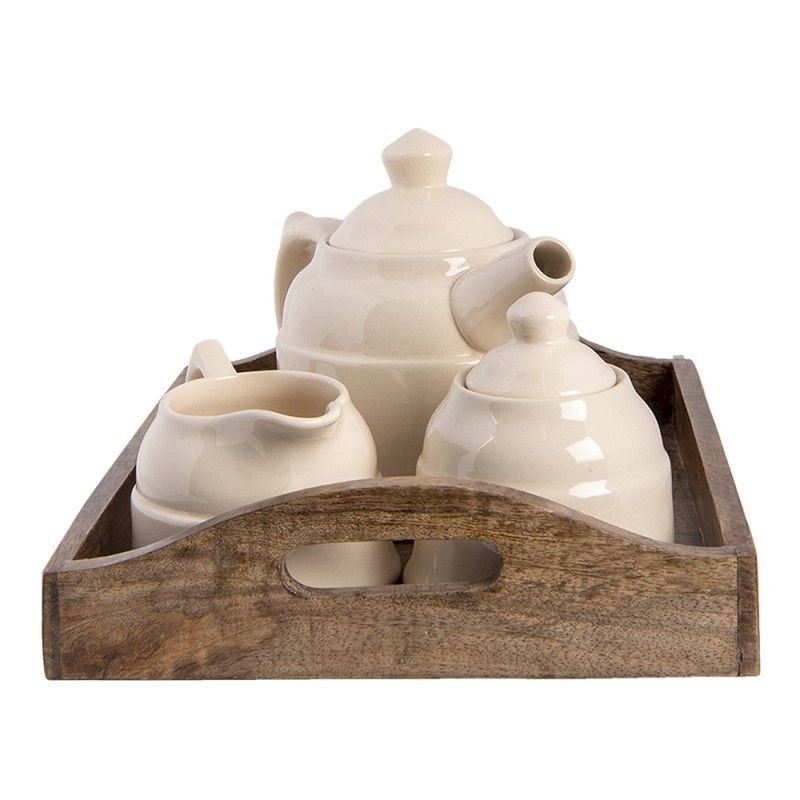 Set ceainic din portelan bej cu suport din lemn