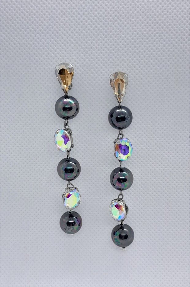 cercei eleganti cu perle de sticla si cristale - negru
