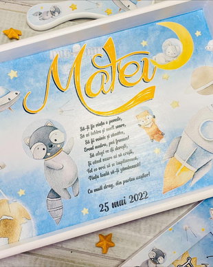 Set aniversar personalizat 1 anisor - Astronaut - Tavita mot si accesorii