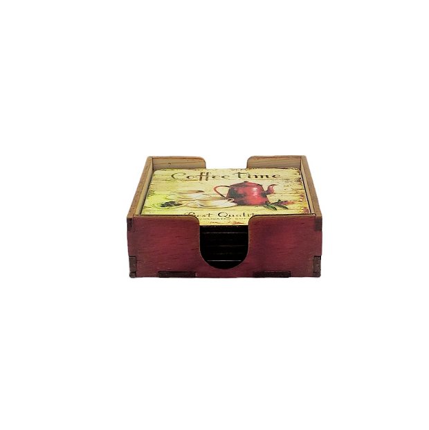 Set sase suporti pahare din mdf de 9 x 9 cm, design vintage Coffee time si cutie depozitare (2959)