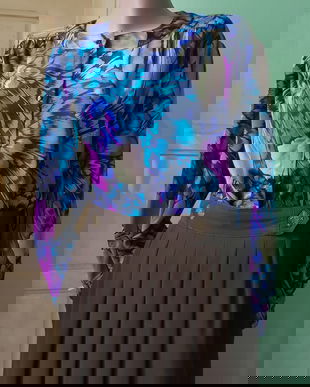 Bluza vintage, imprimeu albastru turcoise