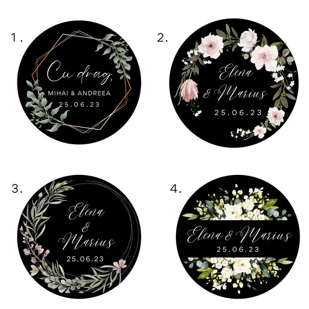 Sticker negru cu flori pentru marturii, Etichete autoadezive personalizate