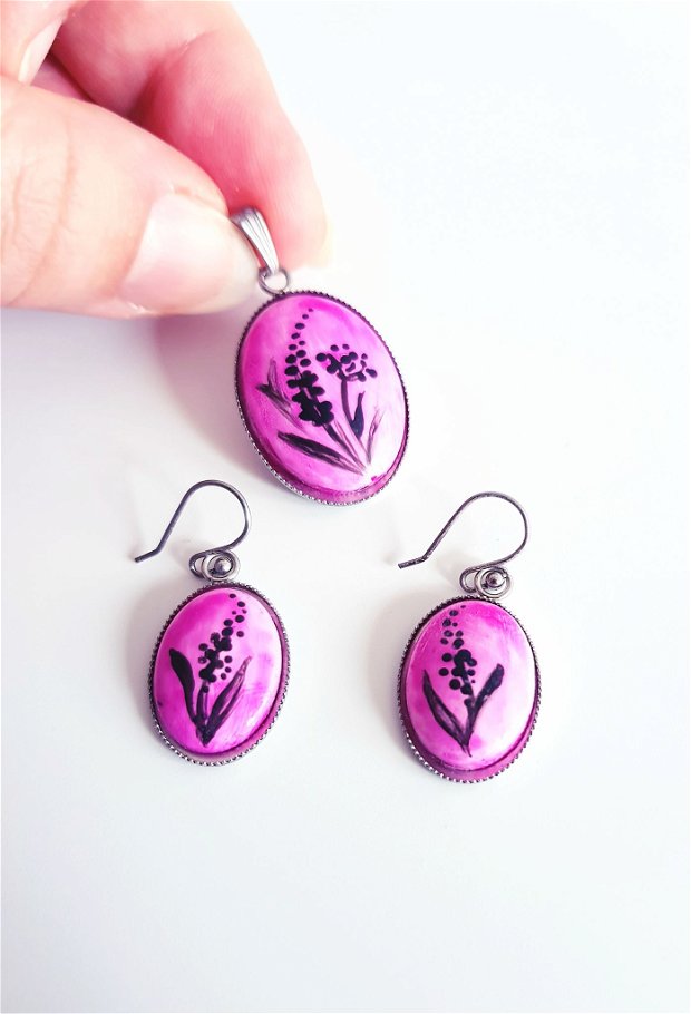 Vis roz - bijuterii cu porțelan pictat manual (inox)