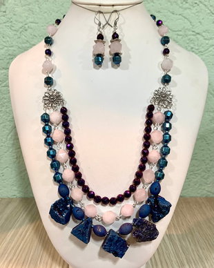 SET~FABULOUS GLAMOUROUS NIGHT~cuarț roz,agate druzy,hematit electroplacat,toho,accesorii argintii și inox
