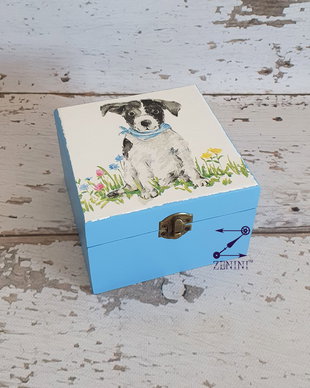 Cutie bleu cu catel, cutie bijuterii catel, cutie accesorii, cutie amintiri cu catel
