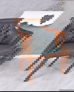 Fotoliu Chesterfield din lemn masiv cu tapiterie din piele ecologica verde