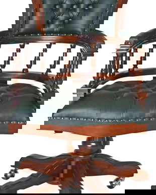 Fotoliu Chesterfield din lemn masiv cu tapiterie din piele ecologica verde