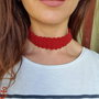 Colier rosu-caramiziu dantelat, Choker handmade crosetat
