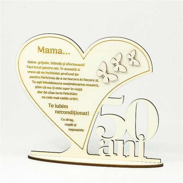 Inima decorativa din lemn cu suport - cadou pentru mama - aniversare 50 ani