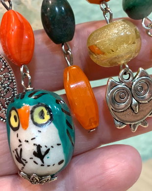 BROSA ~HAPPY OWL~ ceramica,murano,cristale,agate moss,accesorii argintate