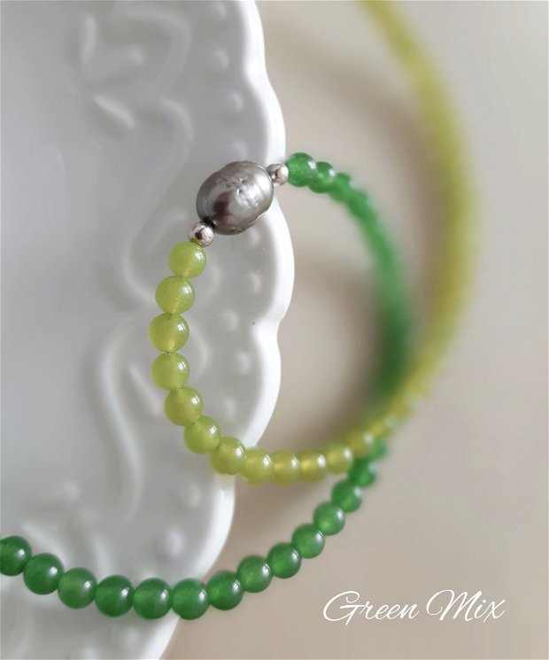 Colier/Choker argint cu jad verde și perlă de cultură